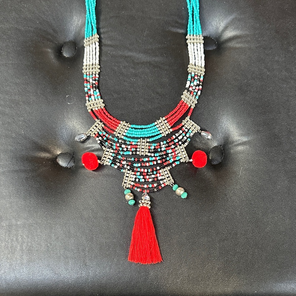 Handmade Seed Bead Statement American Indian Necklace Turquoise & Silver.